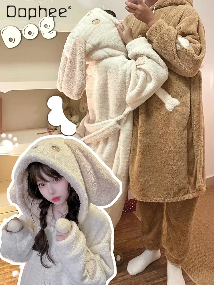 

Couple Robe Sets Winter Dog and Rabbit Cute Thicken Warm Soft Hooded Gown Sleepwear Women Men with Floor Socks Birthday Gift