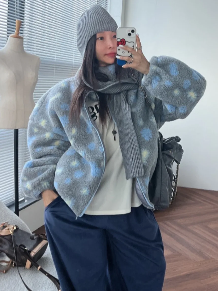 

Lamb Fur Jaet Women's Loose Floral Faionable Design Winter New Sle Spring Autumn Trendy Outerwear Korean Sle Coat