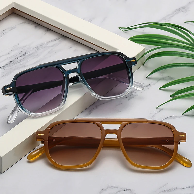 SO & EI Ins شعبية موضة مزدوجة الجسور مربع النظارات الشمسية النساء التدرج ظلال UV400 الرجعية الرجال تتجه المسامير نظارات شمسية