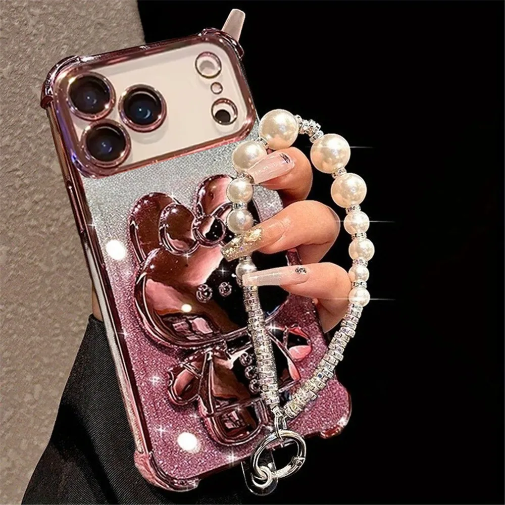 Perlenarmband Spiegel Kaninchen Ständer Handyhülle für iPhone 17 16 15 14 13 12 11 Pro Max Plus 17 Air Glitter stoßfeste Softcover
