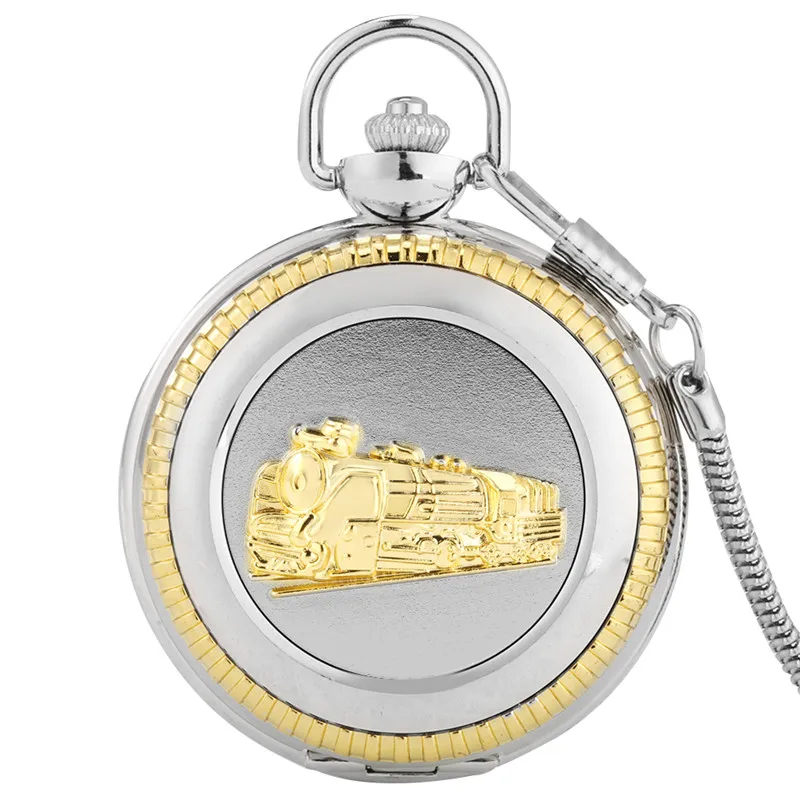 Luxus Gravierte Goldene Dampf Zug Abdeckung Römische Ziffer Display Uhr Quarz Taschenuhr für Männer Frauen mit Anhänger Kette Reloj