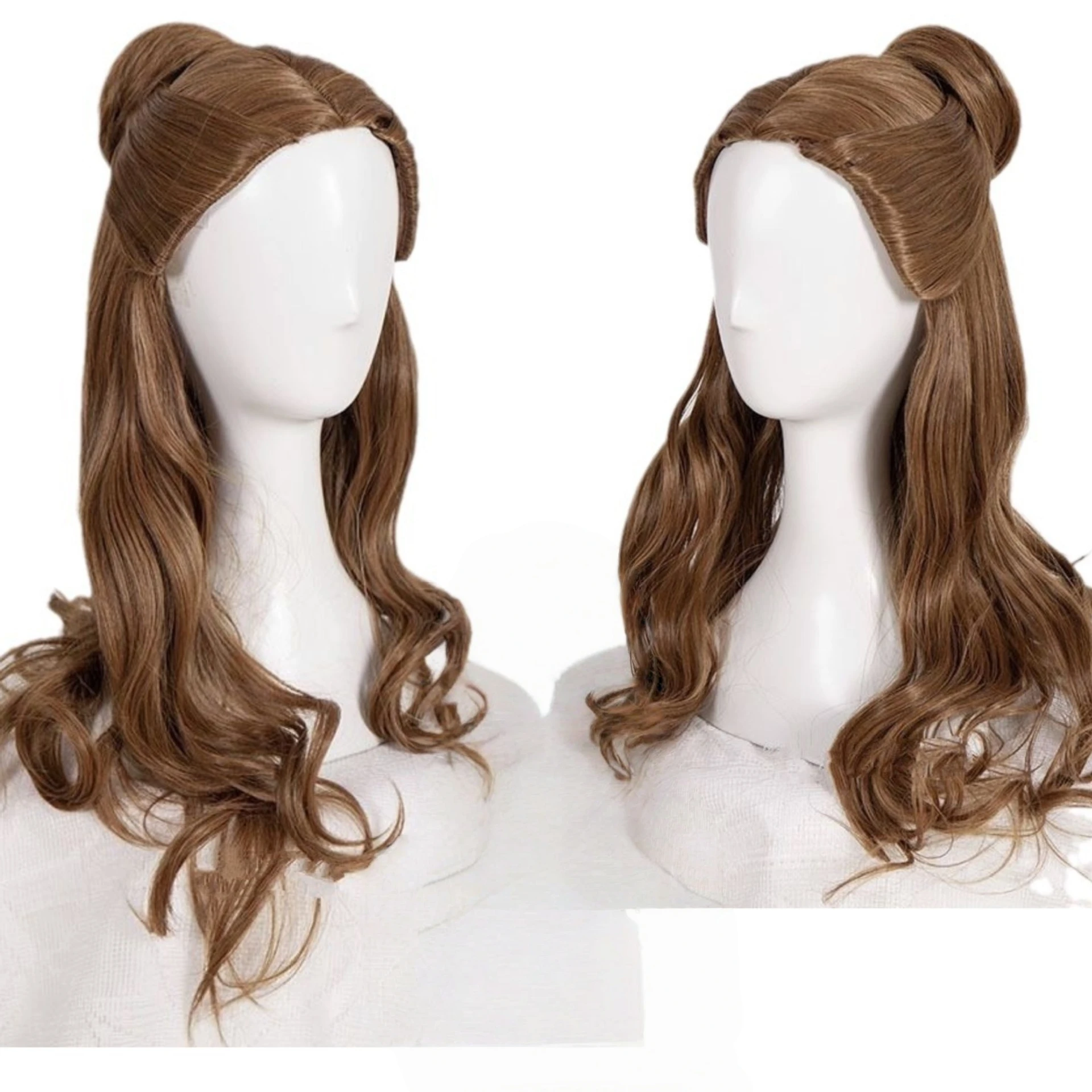 Brown Synthetic Long Wavy Vintage Princess Half Updo Bun Wig Cosplay Halloween Party Costume Role Play