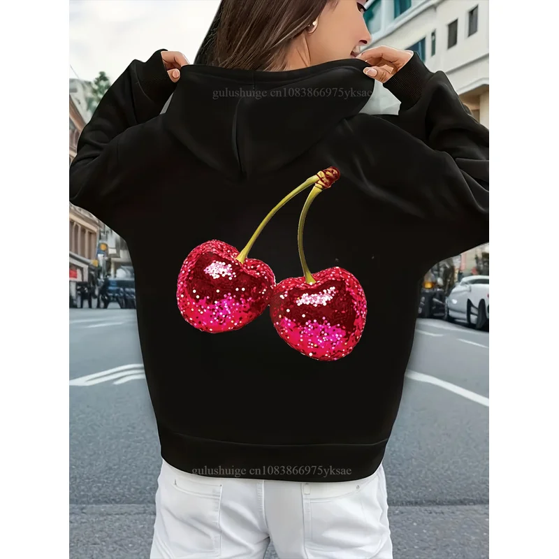 Y2K Streetwear Hoodie Halloween Gifts Red Cherry Sequin Pattern Fall Clothes Autumn Winter Daily Wear Gift For Her