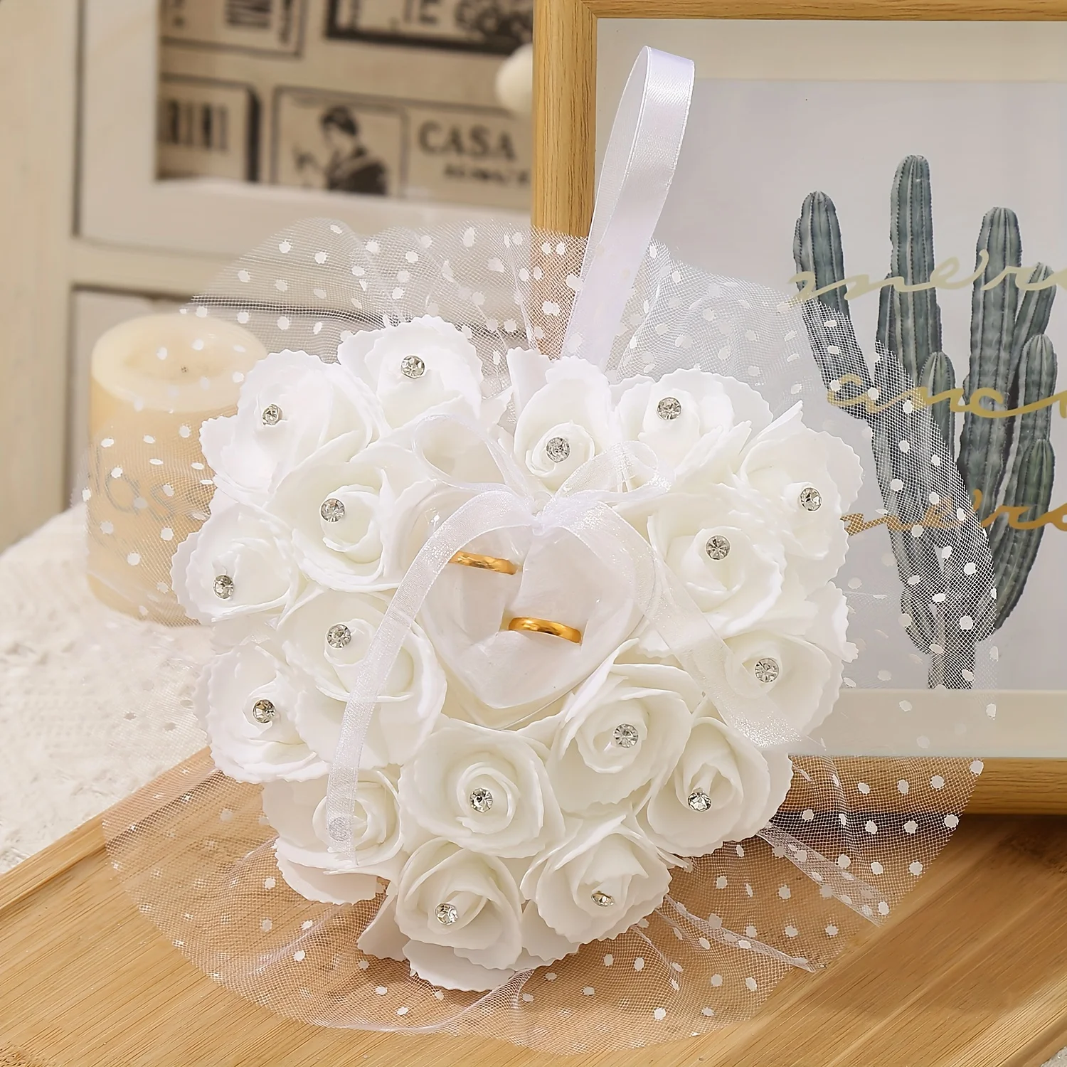 White Heart Wedding Ring Pillow with Rose Flowers Rhinestones Satin Ring Bearer Cushion for Bridal Ceremony Engagement