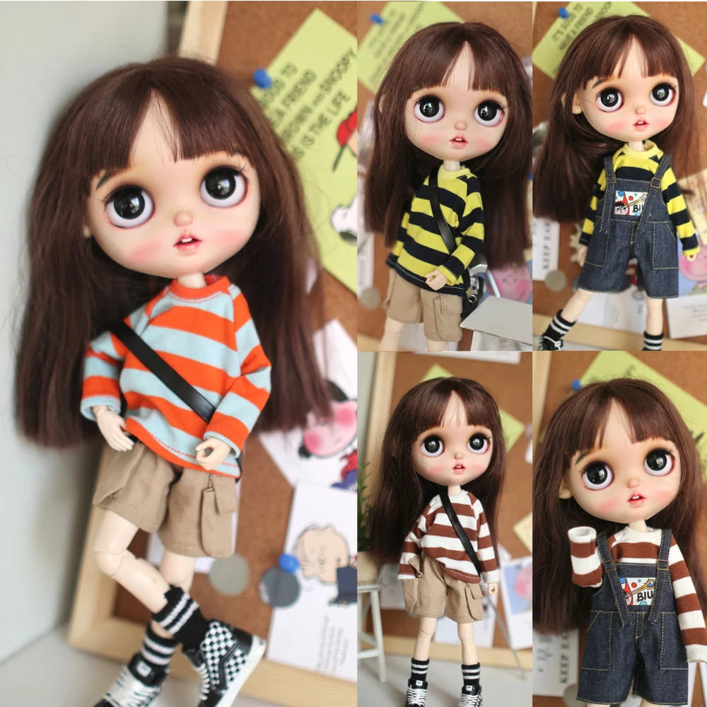 

H01-A038 children handmade toy 1/6 ob24 azone blyth doll clothes Striped T-shirt Long sleeve suspenders Cargo pants 1pcs