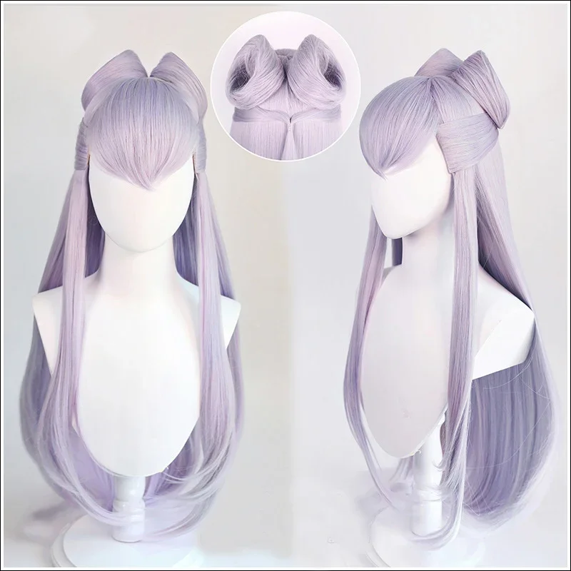 Game KDA Baddest Evelynn Cosplay Wigs LOL KDA Cosplay Long Purple Wigs with Buns Heat Resistant Synthetic Hair   Wig Cap