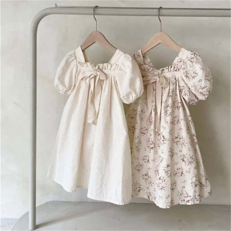 Summer Kids Baby Dress Puff Sleeve Floral Sweet Dress For Girls Short Sleeve A Line Party Dress Girls Clothes