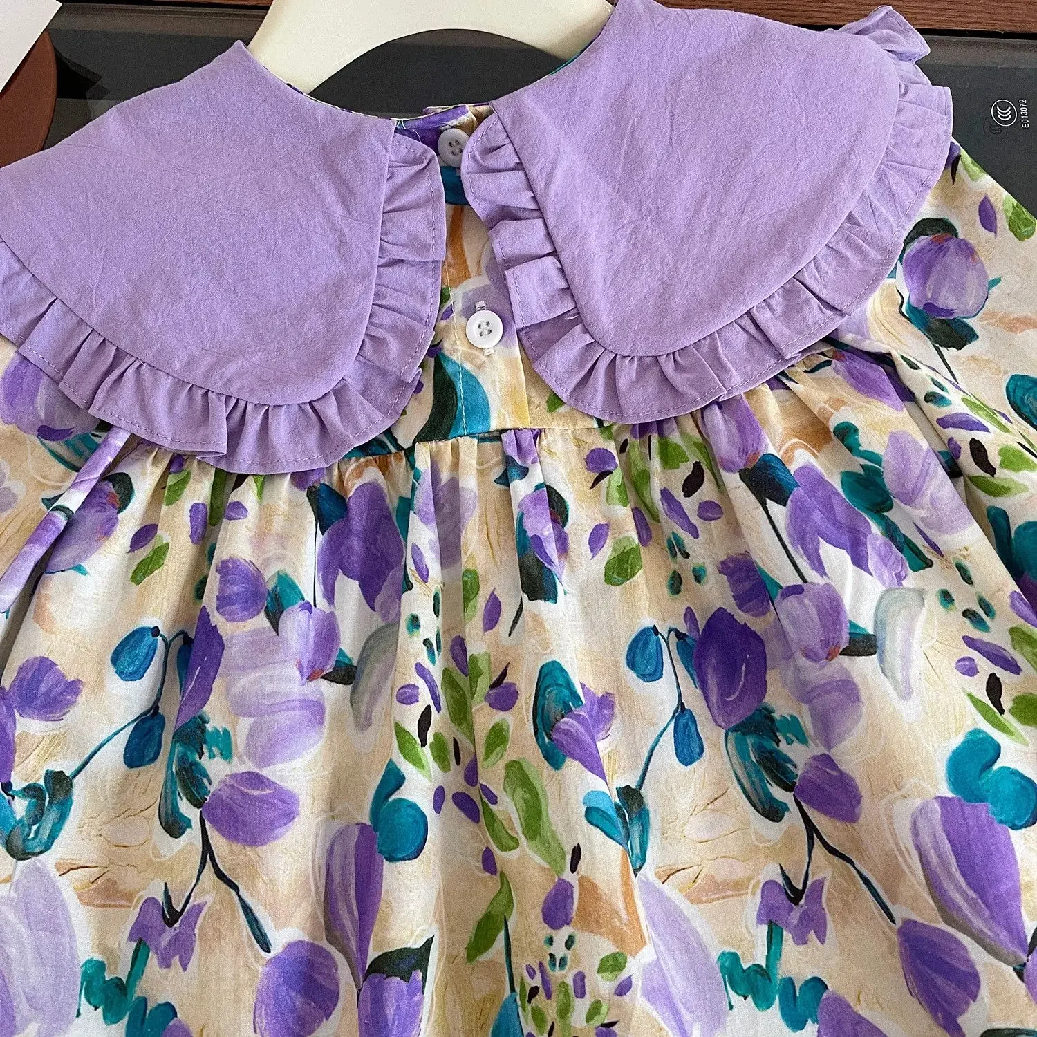 Girls Casual Dresses Purple Flower Print Lace Lapel Puff Sleeves and Long Sleeves Flower Party Dress for Kids Girl 2 To 7 Years