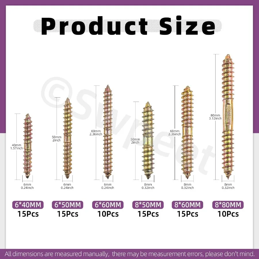 80 Pz 6 Formati M6 M8 Colore Zi Viti a doppia estremità Assortimento Kit Viti a doppia estremità Vite per tassello in legno Autofilettante Filettato Bol