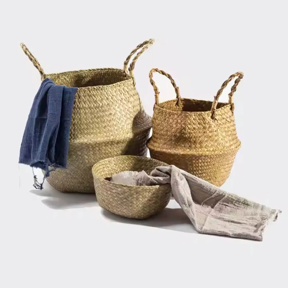 

Straw Wicker Basket Hanging Flower Pot Basket Boho Garden Planter Seagrass Storage Organizer for Home Decor and Dirty Clothes