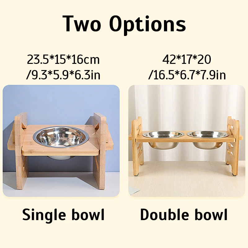 Elevated Dog Bowls Bamboo Tilted Adjustable Dogs Feeder Stand with Stainless Steel Food Bowls for Puppies Cats Pet Accessories