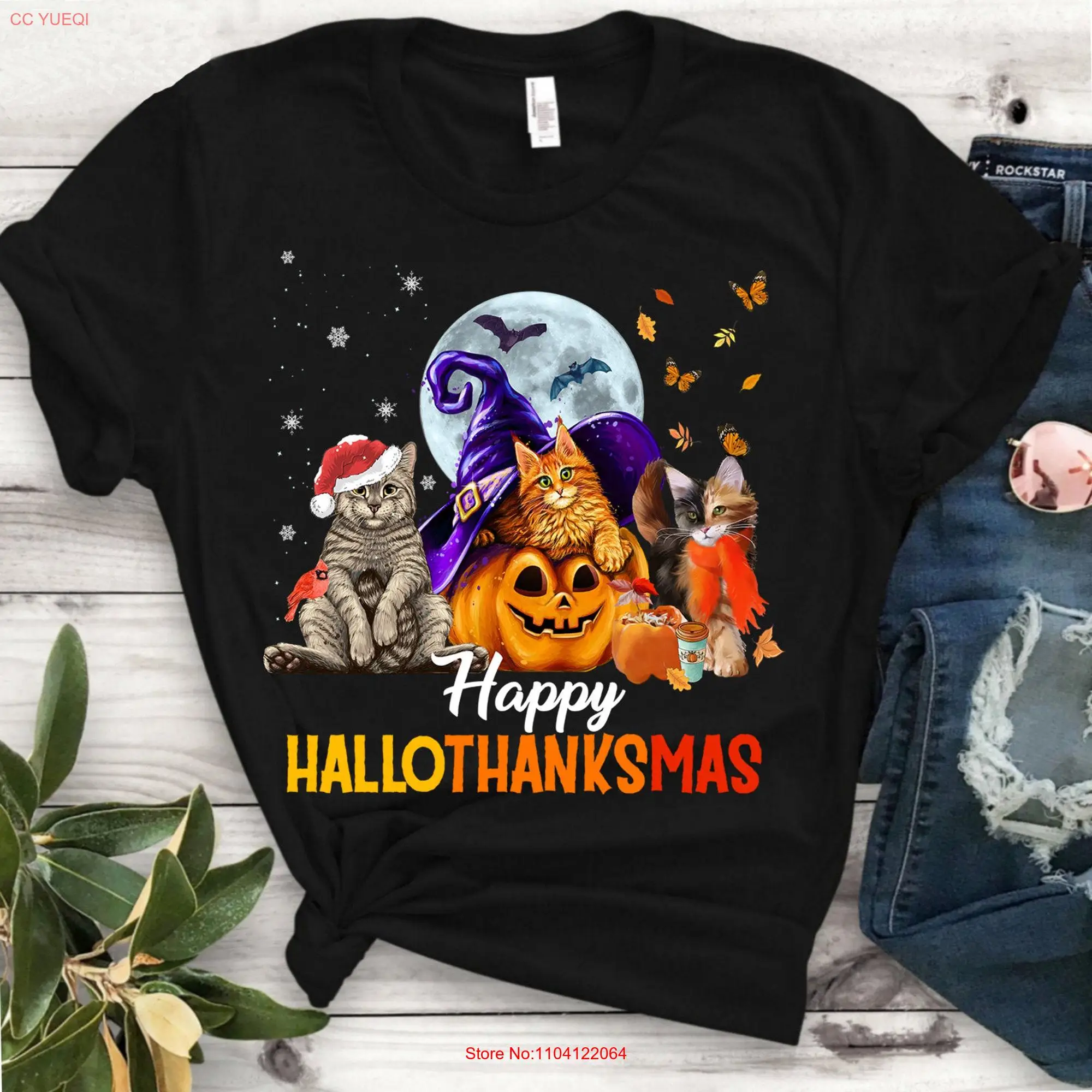 Happy Thanksgiving Cat Hallothanksmas T Shirt Cute Cats Halloween Pumpkin Spice Autumn Fall  long or short sleeves