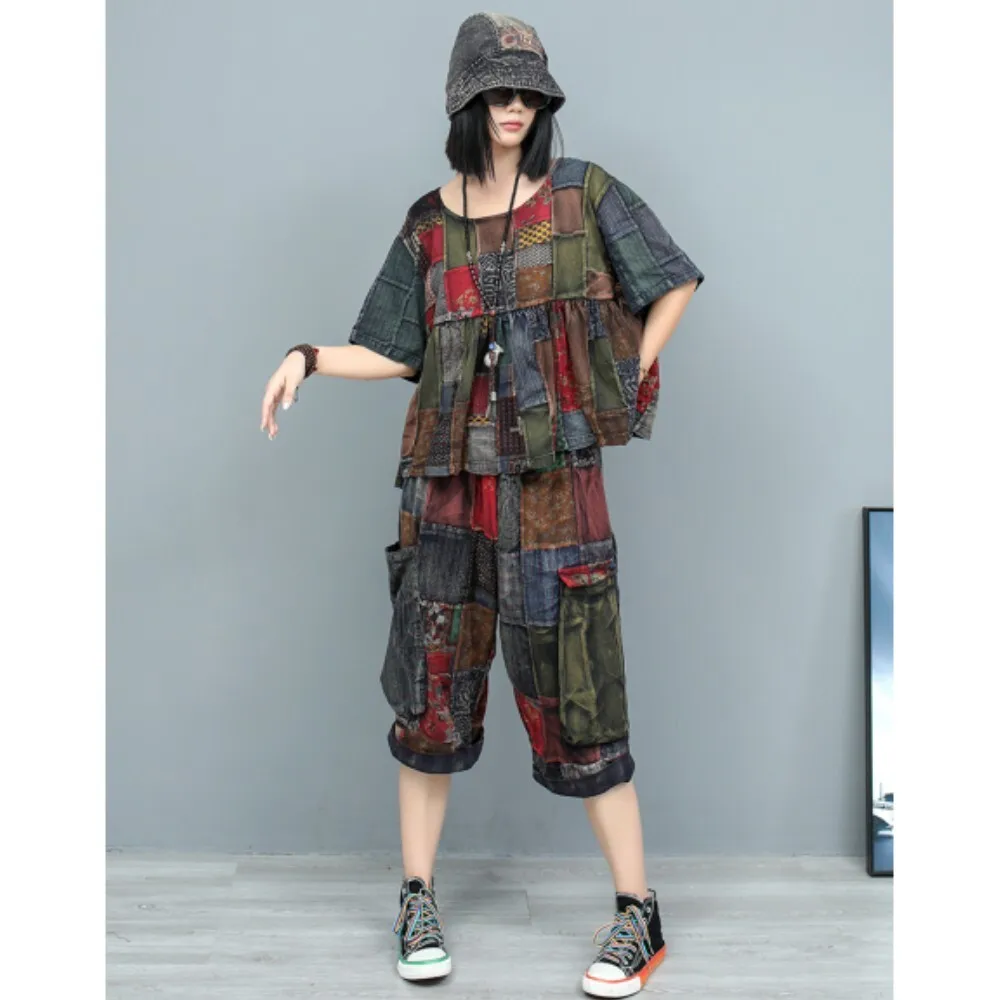 

Heavy Industry Splicing Contrast Color Worn Short Sleeve Doll Shirt + Capris Two Piece Set Women 2024 Summer ZF064