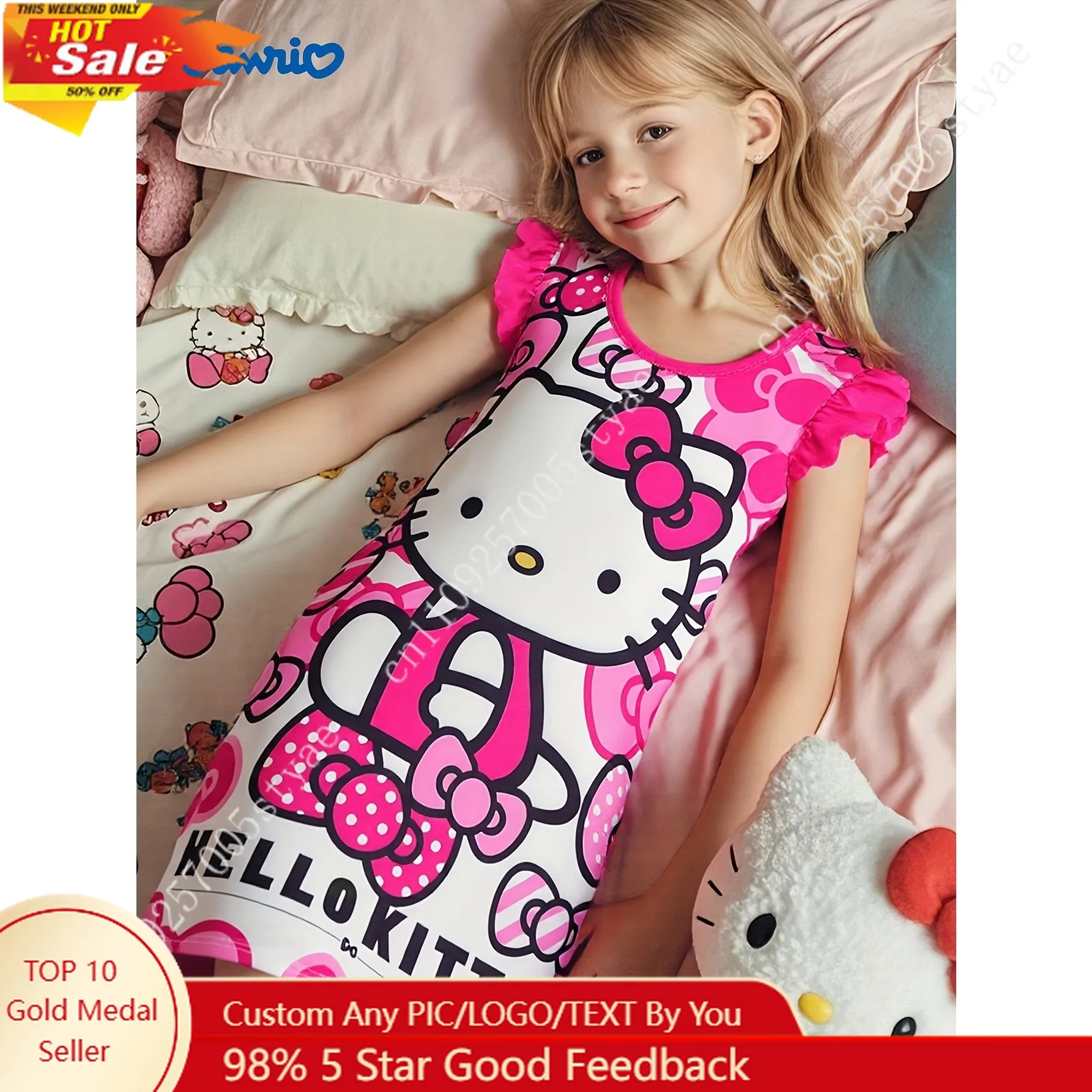 

Sanrio Hello Kitty Flame-Retardant Girls' Nightgown with Floral and Bow Prints