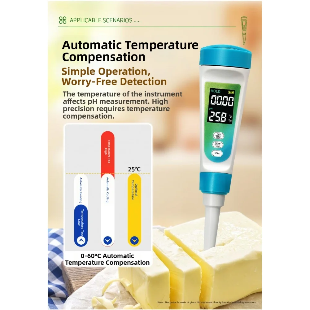 

Portable Food PH Test Pen with LCD Display and Hold Button for Recording PH Values in Food and For water Testing