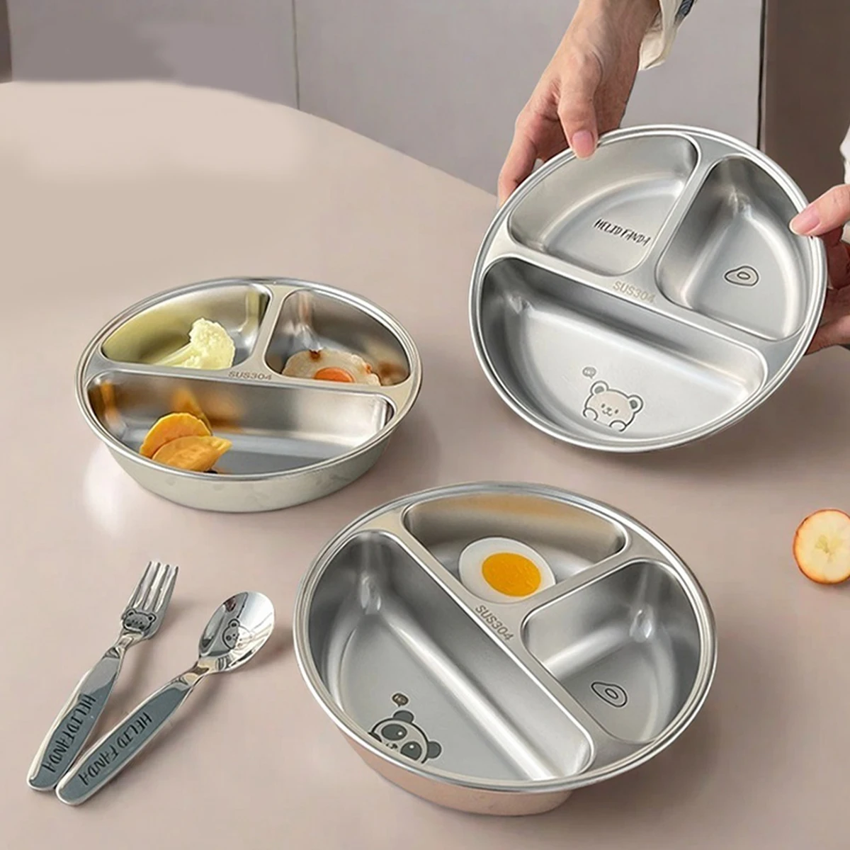 WORTHBUY Round 304 Stainless Steel Dinner Plate 3 Compartments Food Plate Tray Kitchen Food Container Cute Divided Dining Plate