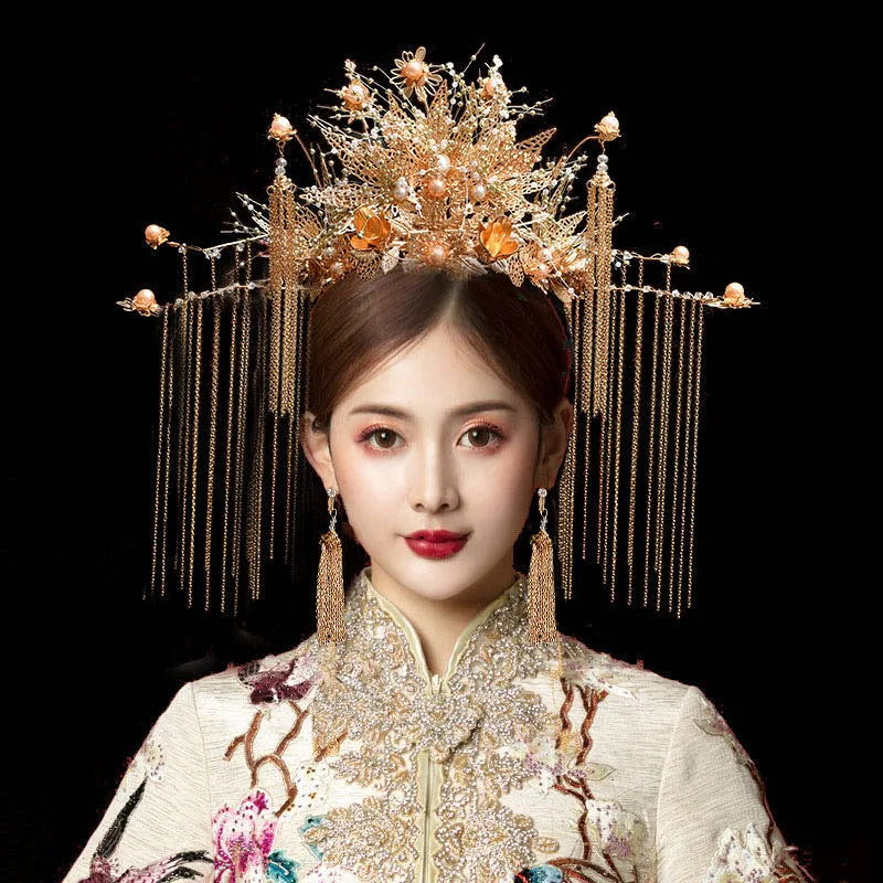 Vintage Hair Crown Women Chinese Traditional Jewelry Headdress Women Hanfu Crown Earrings Set Bridal Wedding Hair Accessories image 3