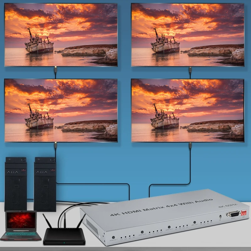matrice-hd-4x4-4k-60hz-avec-extracteur-audio-hdr-3d-1080p-commutateur-de-signal-video-4-entrees-4-sorties-hdcp22-edid-rs232-pour-ps4-pc-vers-tv