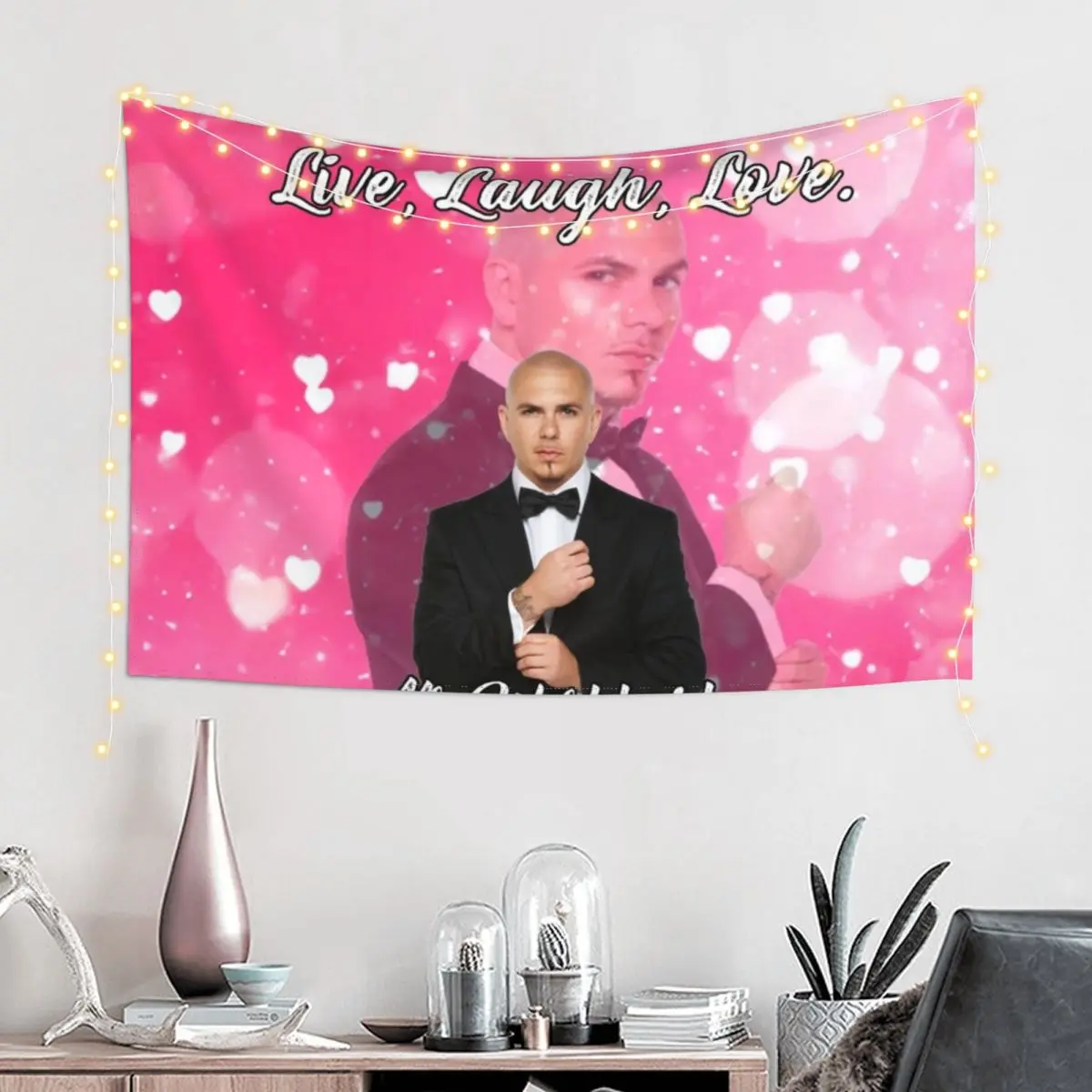 Mr Worldwide Says to Live Laugh Love Pink Tapestry Aesthetic Room Decoration Aesthetic Home Decor Decor For Room Tapestry