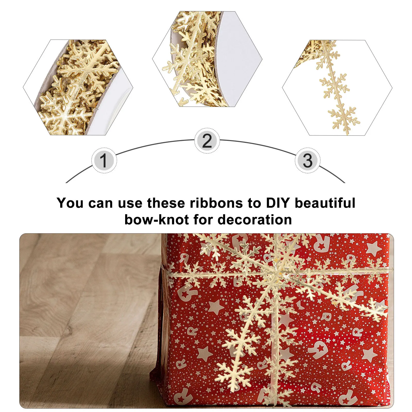 

1Pcs Gold Silver Snowflake Ribbon Polyester Decorative Wrapping Ribbon DIY Gift Wrap Xmas Party Wedding Decoration Bowknot