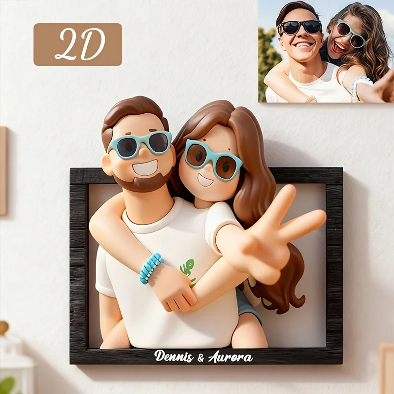 Personalized 3D Cartoon Photo Frame Personalized Couple Portrait Wooden Sign for Anniversary Wedding Valentine Birthday Gift