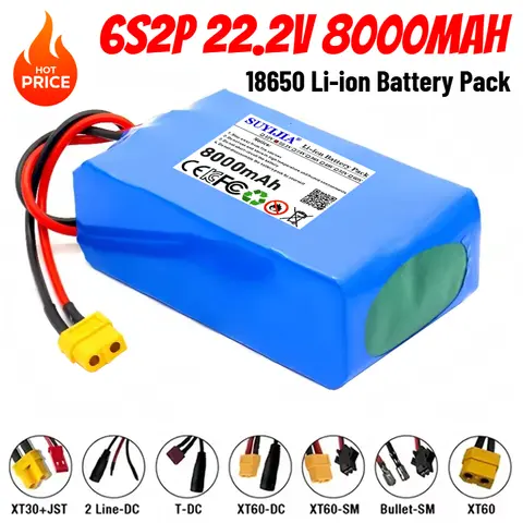 22.2V 6S2P 8000mAh 18650 Lithium Battery Pack with BMS for Electric Motorcycle 24V Camping Equipment+optional Plug+ 2A Charger