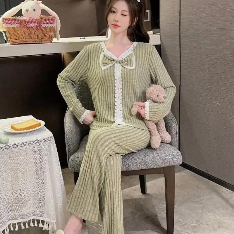 Hot 2026 Women Autumn Winter New Fashion Loose Sleepwear Simple Cute Lace Bow Stripe Sweet Comfort Long Sleeve Home Clothing Set
