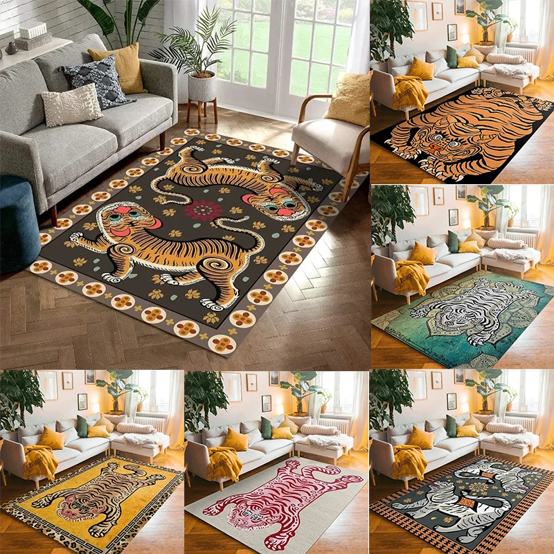 Vintage Tiger Themed Rug Various Artistic Tiger Designs with Floral Borders Soft Non Slip Carpet for Living Room Bedroom Decor
