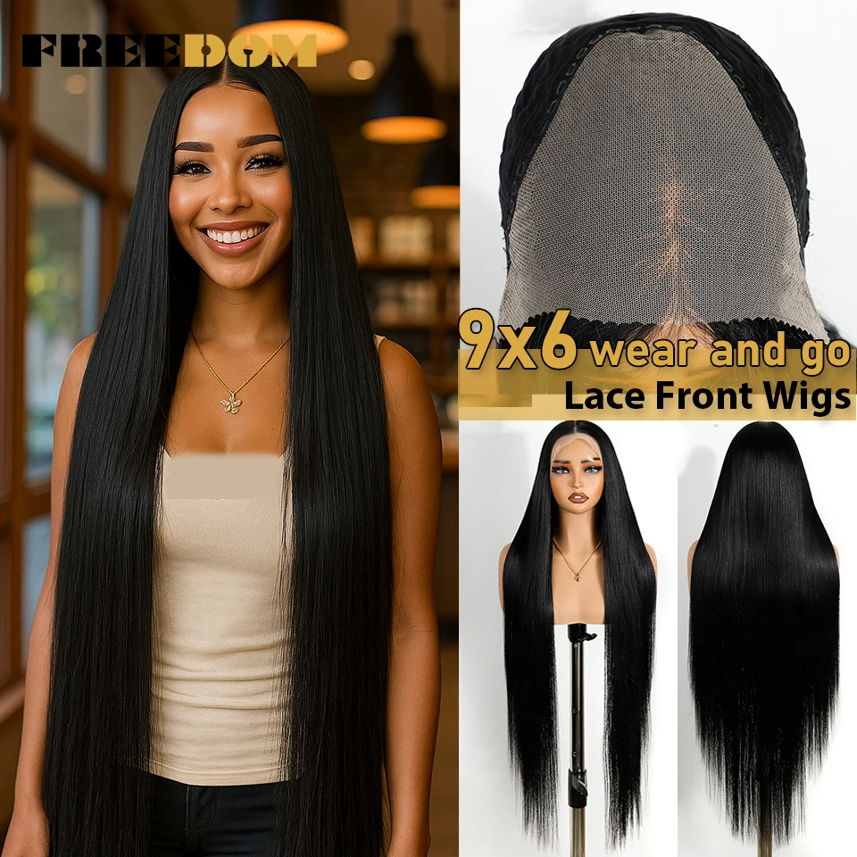 

FREEDOM Synthetic Lace Front Wigs For Black Women 38" Long Straight 9x6 Lace Wig Black Color Pre Plucked Pre Cut Glueless Wigs