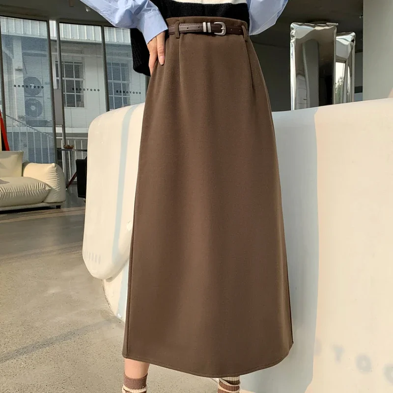 2023 Autumn and Winter Women Skirt New Solid Color Tweed Skirt High Waist Slim Skirt Female Mid Length Casual A-line Skirt