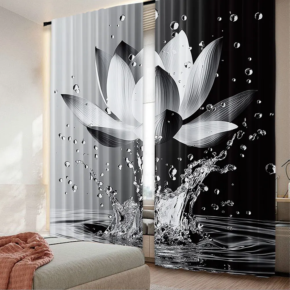 2Pcs Lotus Curtain Black White Grey Flower Elegant Blooming Floral With Dew Spring Flower On Water Modern Romantic Bathroom