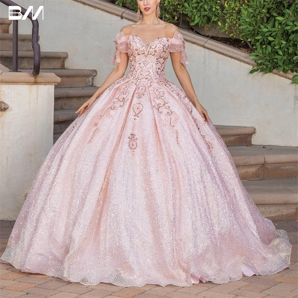 Kokardka cekinowa sukienka na Quinceanera brokatowy tiul z odkrytymi ramionami sukienki koktajlowe baskijski tiulowe suknie na studniówkę suknia balowa dla kobiet