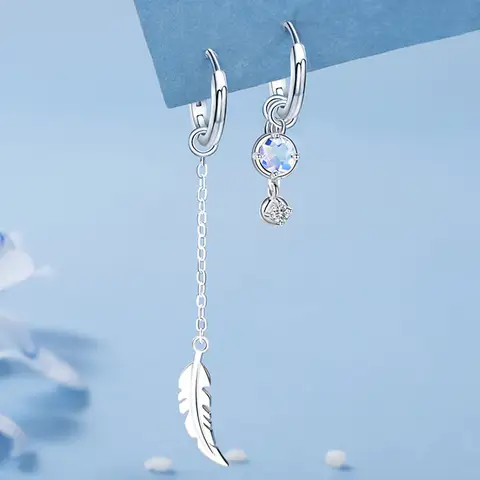 Kolczyki asymetryczne z piórkiem ze srebra próby 925, kolczyki z zawieszką z białego kamienia księżycowego, prezenty dla kobiet, ręcznie robiona biżuteria