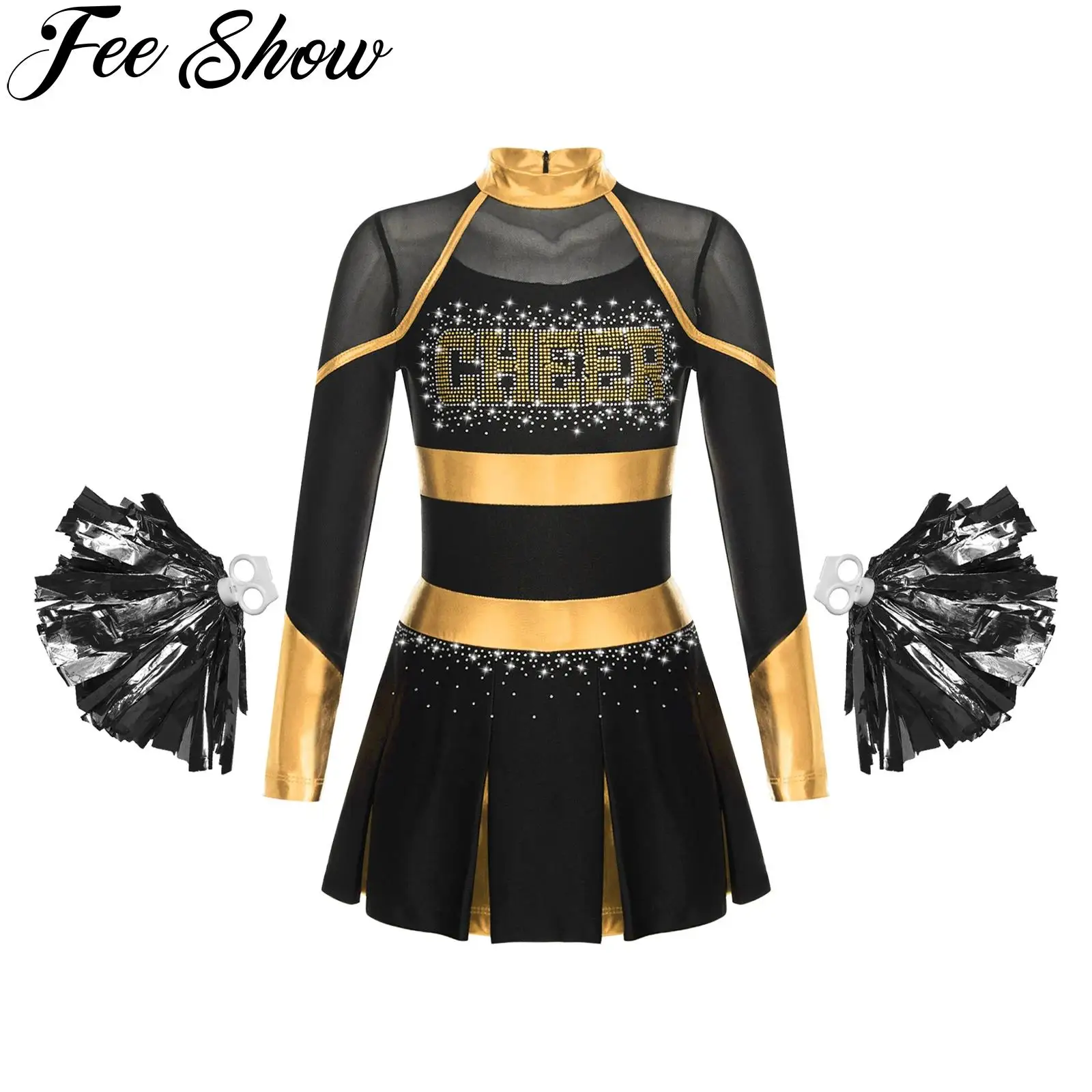 Kids Girls Cheerleader Costumes School Team Suit Cheerleading Uniform Sets Glittery Rhinestones Pleated Dress+2Pcs Hand Flowers