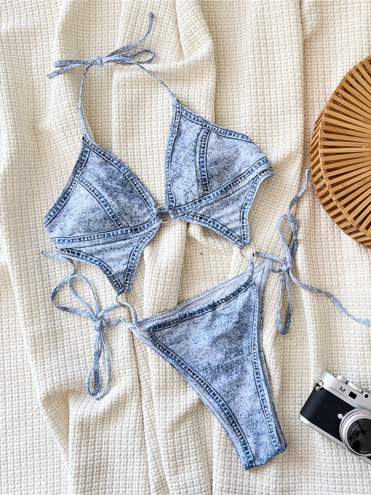 

Denim Printed Tummy Cut Out Halter Women Swimwear One Piece Swimsuit Female High Leg Cut Monokini Bather Bathing Suit Swim K5876