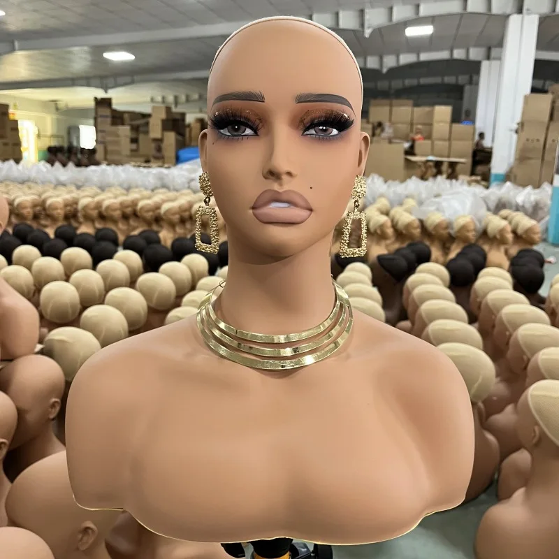 Female PVC Wig Mannequin Head with Shoulders Realistic Display Stand for Hair Styling Practice Salon Tool