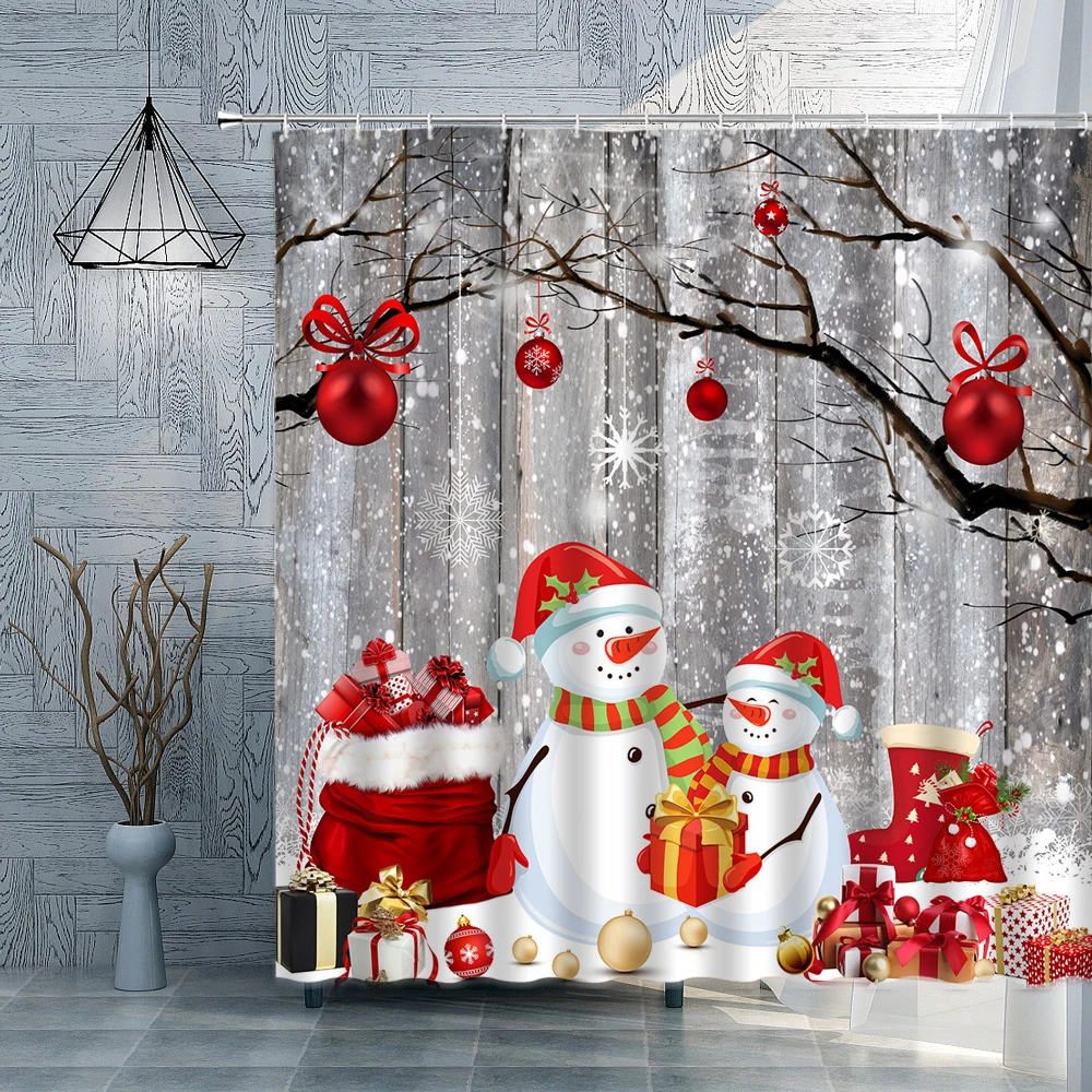 Christmas Shower Curtain Red  Balls Branches Snowmen Gifts Snowflakes Fabric Bath  Winter Bathroom Decor