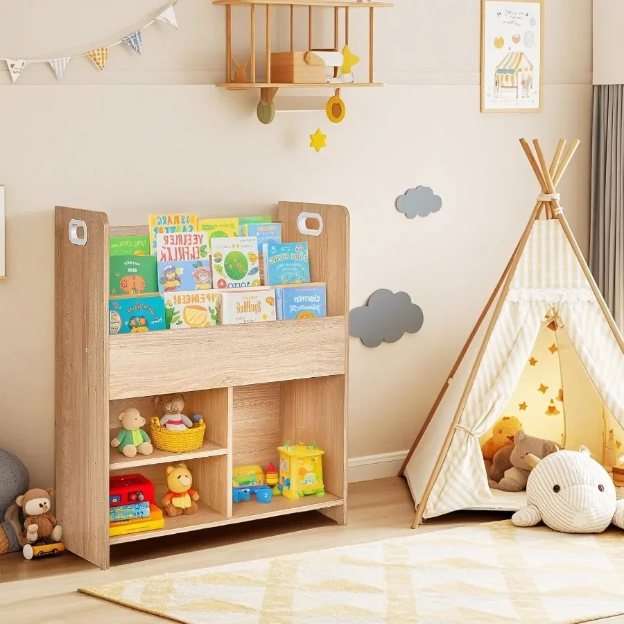 Wooden s Bookshelf with 3Tier Display and 2Tier Storage Compartments for Easy Access in Playroom Bedroom or Nursery Ideal Book