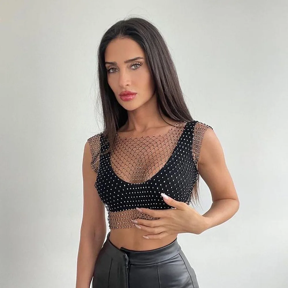 y2k Sexy Mesh Crop Tops for Women 2025 Summer Rhinestones Fashion Party See Through Fishnet Tank Hollow Out Backless Top New