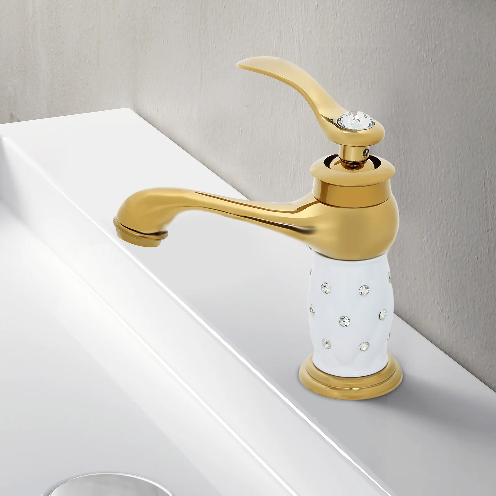 Vergoldeter Messing-Waschtischarmatur mit Einhandgriff für Warm- und Kaltwasser, mit Anti-Tropf-Keramikventil, Diamantfinish, Deckmontage 0-90 ℃