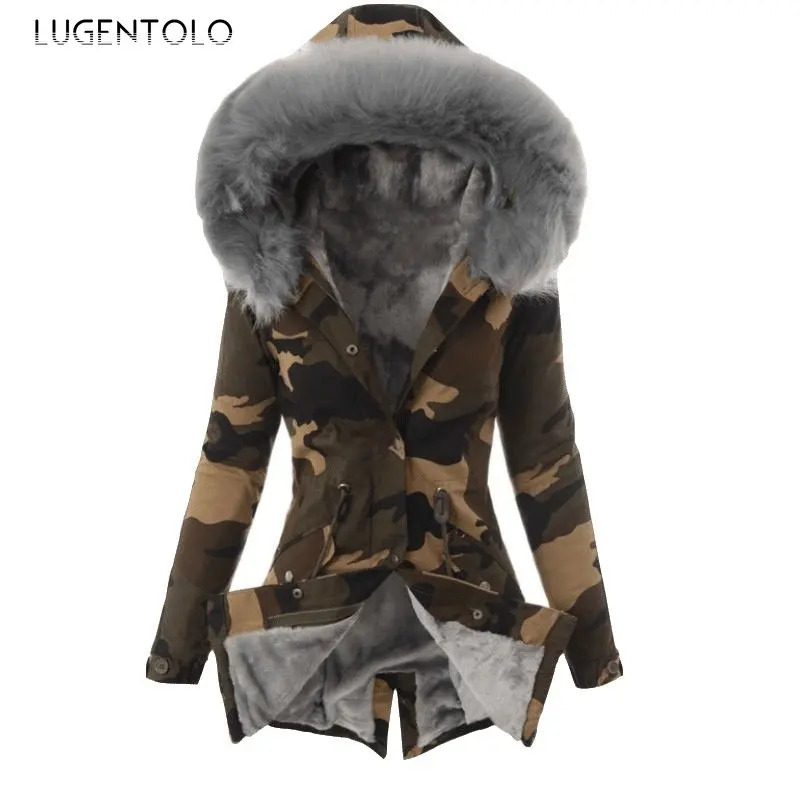 

Парка женская, с капюшоном, на флисе, зимняя, камуфляжная, тонкая, с меховым воротником, на молнии