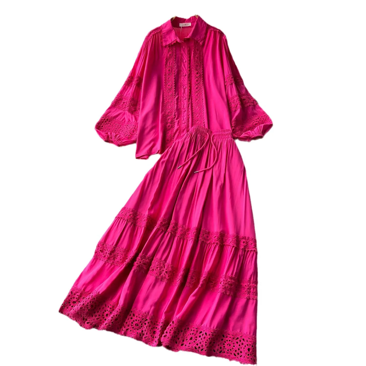 Women Two Piece Sets Skirt Set Lantern Sleeve Turn Down Collar Tops Long Skirts A Line Lace Hollow Out High Waist Elegant Work - view 5