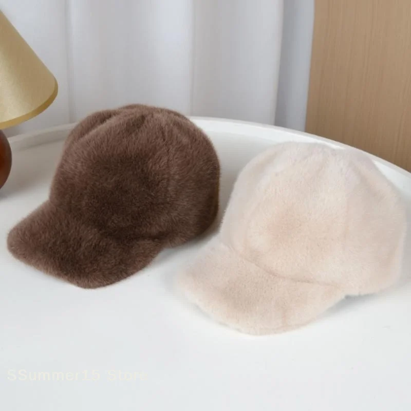 【R】Fashion Solid Color Fluffy Faux Fur Baseball Hat Outdoor For Women's Luxury Thick Thickened Cap Men Winter Warm Snapback Hats