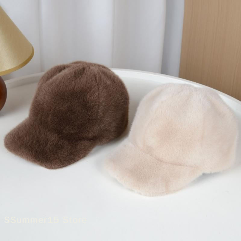  【R】Fashion Solid Color Fluffy Faux Fur Baseball Hat Outdoor For Women's Luxury Thick Thickened Cap Men Winter Warm Snapback Hats 