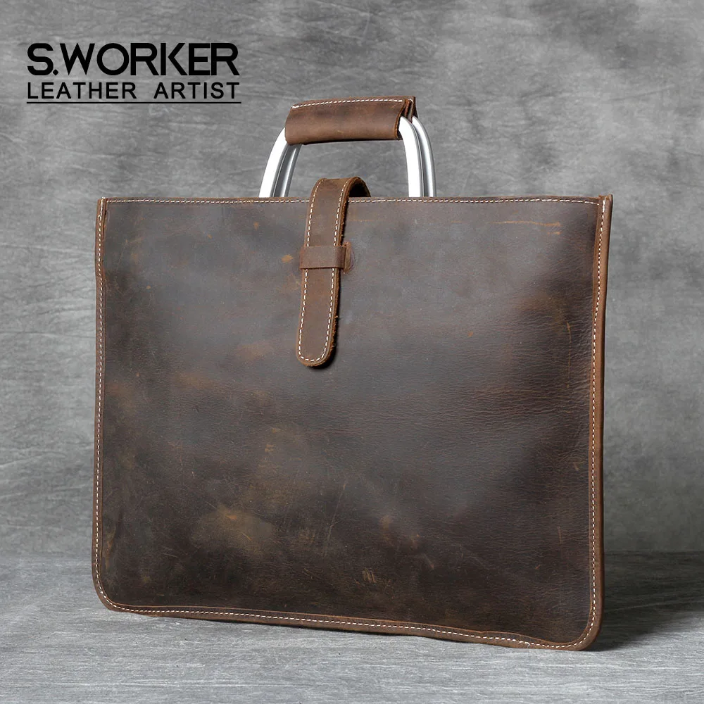 S.WORKER Schlichte Herrenhandtasche aus Vollnarbenleder | Klassische Herren-Aktentasche – Detail 2