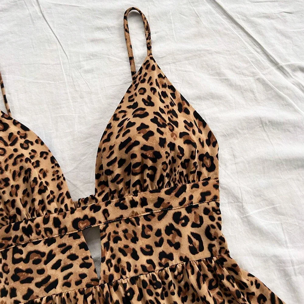 Nuevo vestido femenino para citas ajustado leopardo recortado sin mangas escote corazón Mini Cami vestidos de mujer