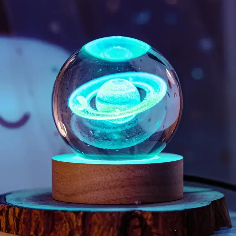 1pc 3D interior sculpted Saturn illuminated crystal ball ornament with colorful wood base, nightlight, indoor tabletop, birthday