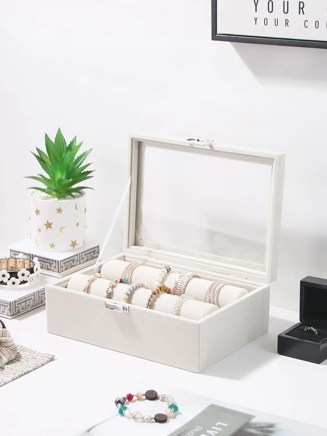 Bracelet Holder Organizer Box, Jewelry Storage Case with 2 Rods, Bangle Watch Display Tray for Women Girls (Beige)