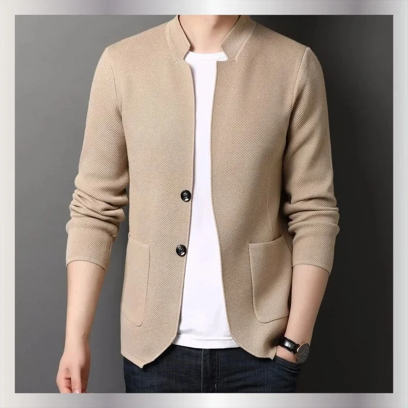 Men Spring Autumn Thin Stand Collar Knit Cardigan Korean Style Handsome Long Sleeve Outerwear Sweater Coat For Men