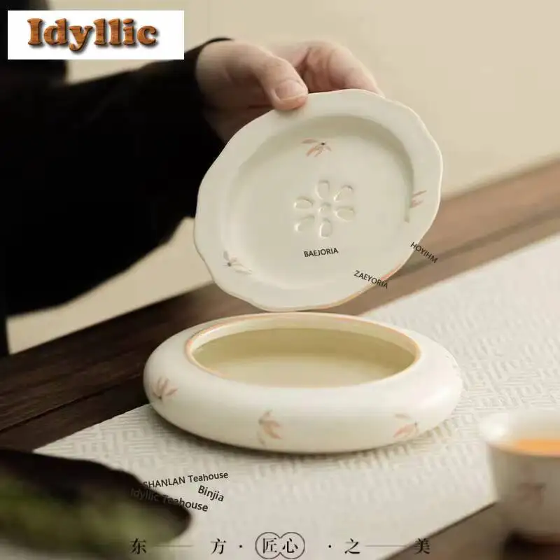 175ML Cream Ding Kiln Orchid Wind Chime Lace Pot Bearing Holder Japanese Water Storage Dry Brew Table Tea Tray Item Ornaments